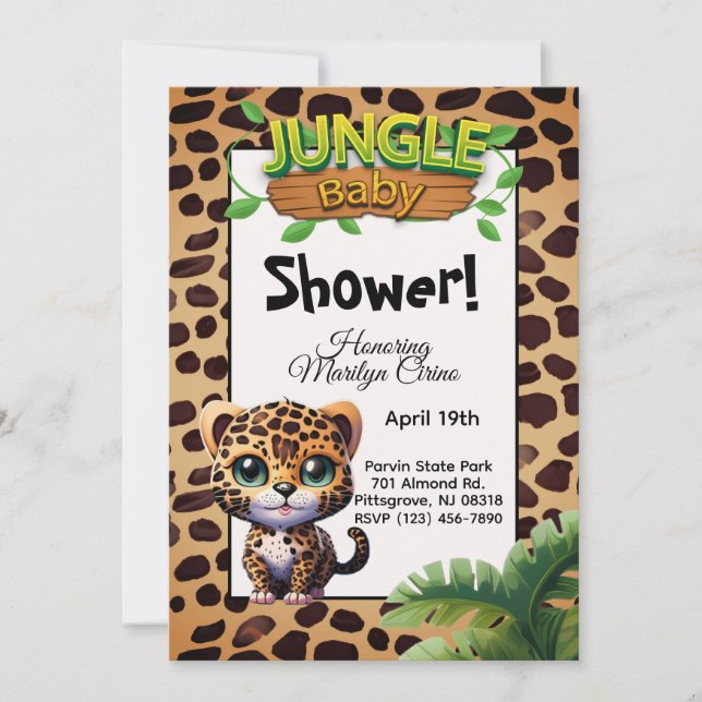 Invitación Leopard Print Wildlife Kitty Jungle 🐆 Baby Shower (Anverso)