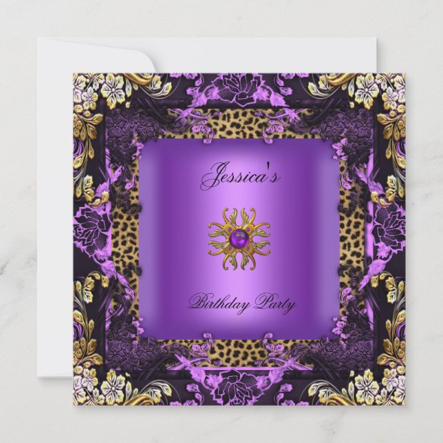 Invitación Leopard Purple Gold Black Birday Party Floral (Anverso)