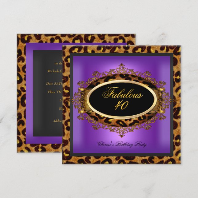 Invitación Leopard Purple Gold Black Birthday Fabulous 40 (Anverso / Reverso)