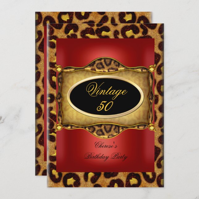 Invitación Leopard Red Gold Black Birthday Elegant (Anverso / Reverso)