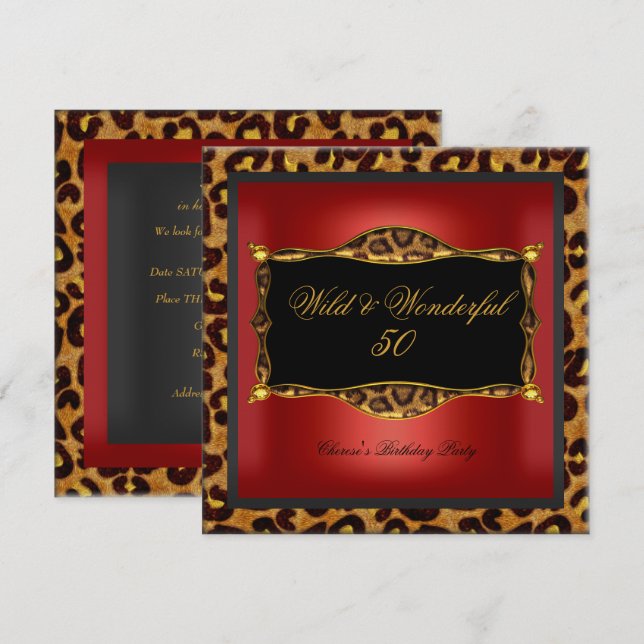 Invitación Leopard Red Gold Black Birthday Party Wild 50 (Anverso / Reverso)