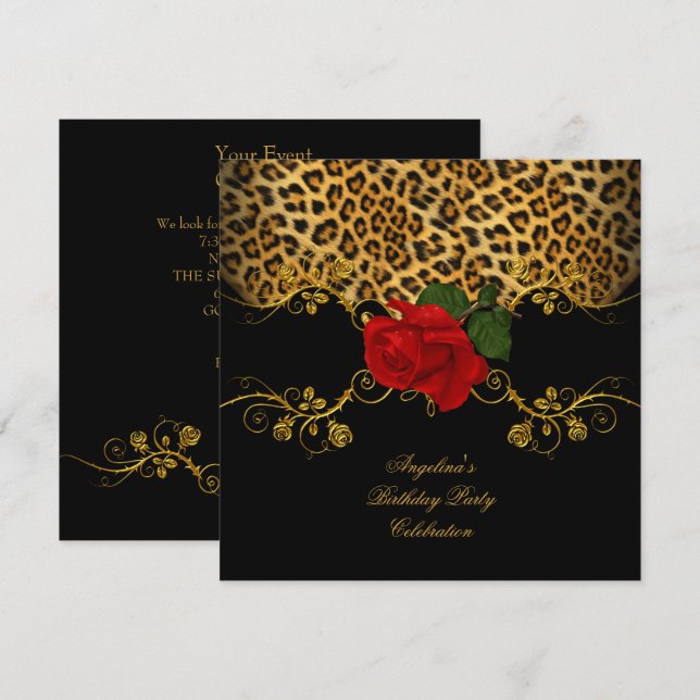 Invitación Leopard Rosas Red Black Gold Birthday Party (Anverso / Reverso)