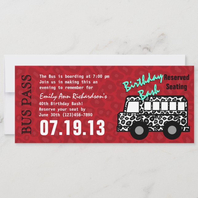 Invitación Leopard Spots Bus Pass Birthday Party (Anverso)