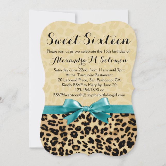Invitación Leopard Turquoise Bow Sweet 16 Party Invitation (Anverso)