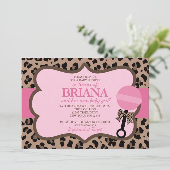 Invitación Leopard y Baby Shower rosa (Anverso de pie)