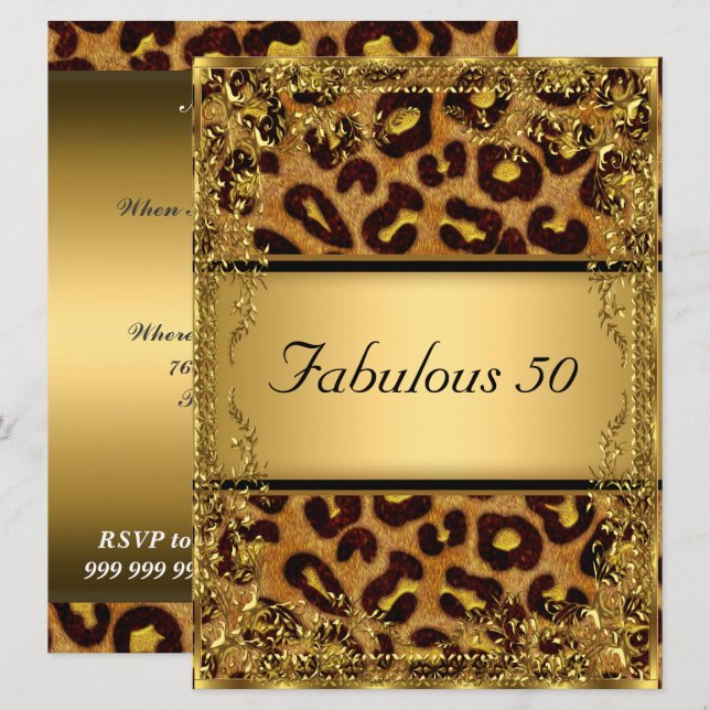 Invitación Leopard y Gold Fabulous a los 50 cumpleaños (Anverso / Reverso)