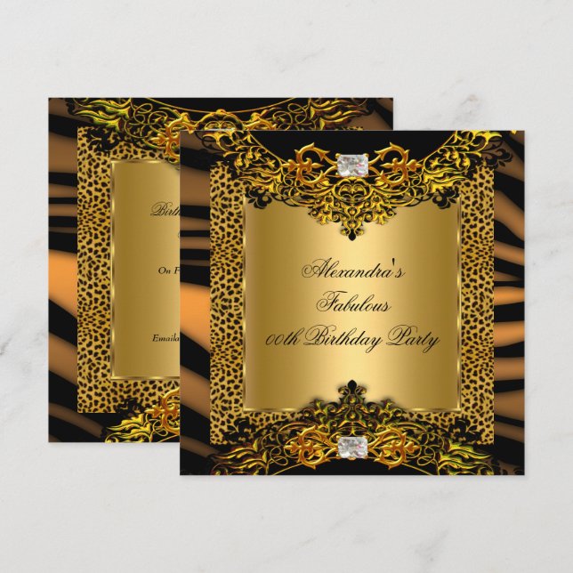 Invitación Leopard Zebra Gold Black Lace Diamond Birday (Anverso / Reverso)