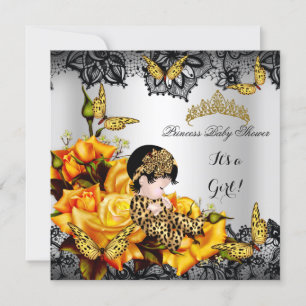 Invitación Leopardo Baby Shower Chica mariposa amarillo gris