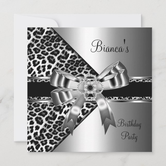 Invitación Leopardo blanco negro plateado Diamond Jewel Bow (Anverso)