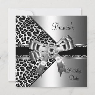 Invitación Leopardo blanco negro plateado Diamond Jewel Bow