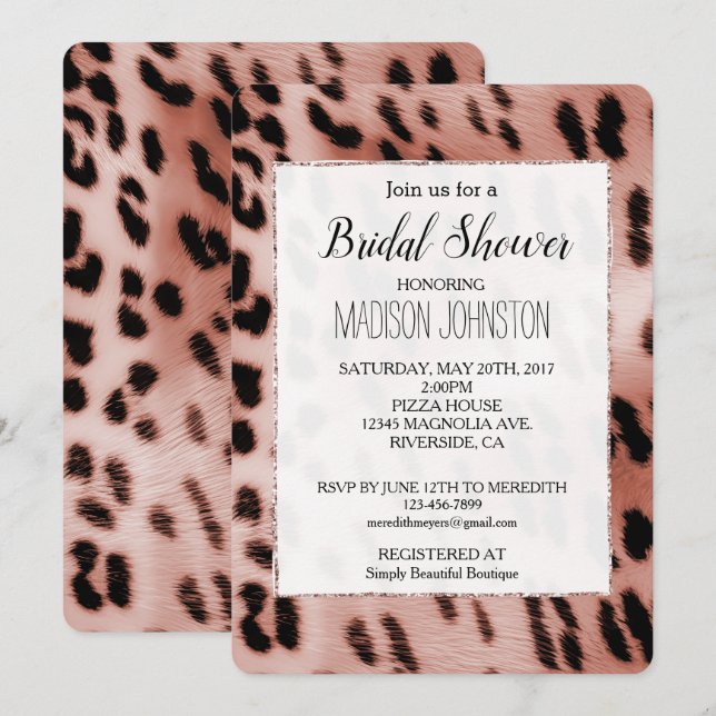 Invitación Leopardo blanco rosado Rosa de Rubor (Anverso / Reverso)