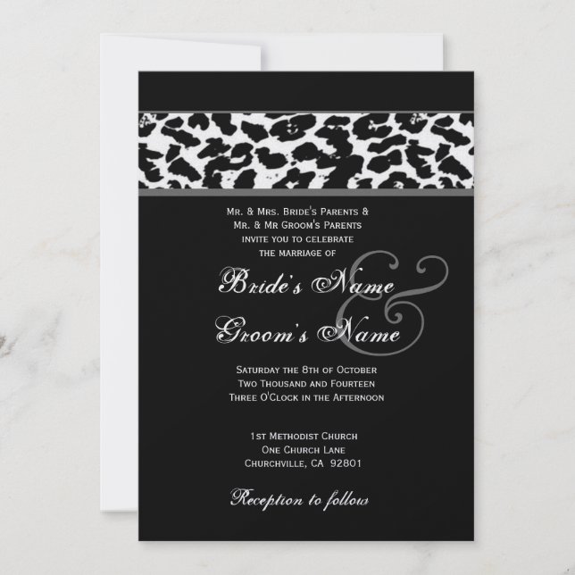 Invitación Leopardo blanco y negro que casa el papel metálico (Anverso)