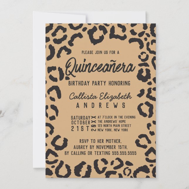 Invitación Leopardo de chita de oro negro moderno Quinceañera (Anverso)