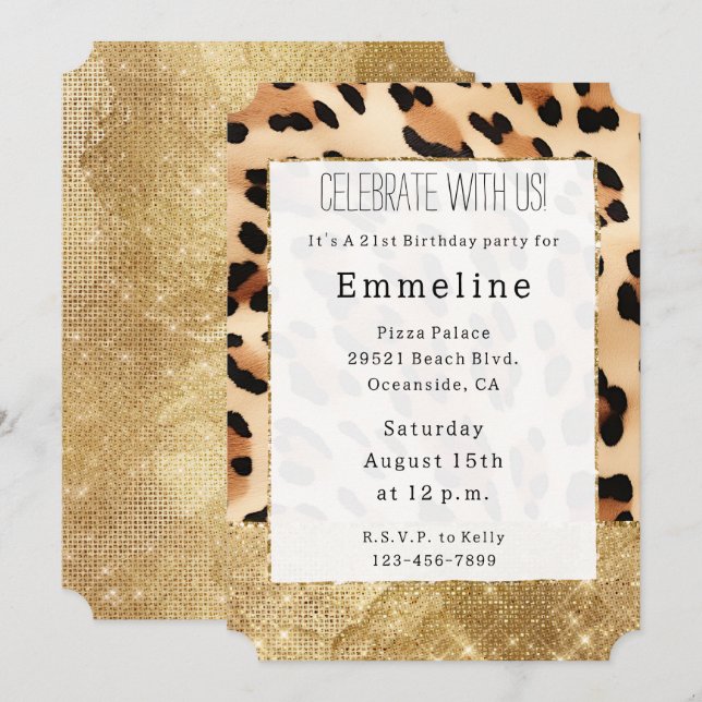 Invitación Leopardo de crema de oro con manchas de oro (Anverso / Reverso)