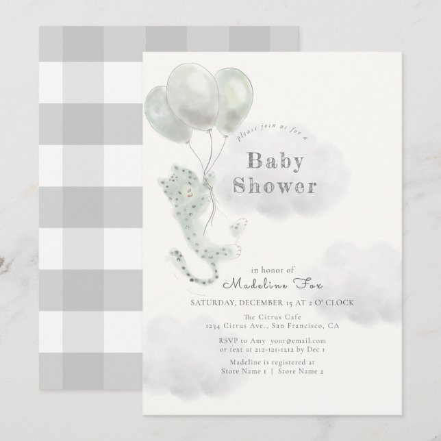 Invitación Leopardo de la nieve con Baby Shower gris de globo (Anverso / Reverso)