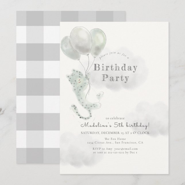 Invitación Leopardo de la nieve con los globos cumpleaños gri (Anverso / Reverso)
