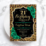 Invitación Leopardo de los Rosas verdes de Esmeralda imprime<br><div class="desc">Invitación a la fiesta de cumpleaños número 21. Elegante diseño verde esmeralda floral con rosas y oro purpurina. Incluye tipografía de animales leopard cheetah y letra de guión. Perfecto para una elegante celebración del cumpleaños de las mujeres. ¡Se puede personalizar para cualquier edad! Invitaciones Zazzle impresas o una plantilla imprimible...</div>