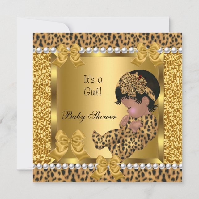 Invitación Leopardo de oro de la chica del bebé de Baby Showe (Anverso)