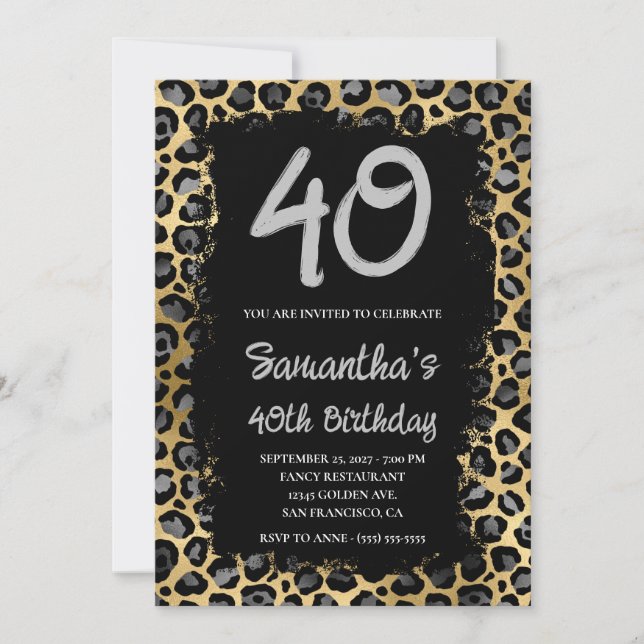 Invitación Leopardo de oro gris pintado negro 40 cumpleaños (Anverso)