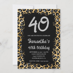 Invitación Leopardo de oro gris pintado negro 40 cumpleaños