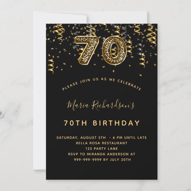 Invitación leopardo de oro negro de 70 años (Anverso)