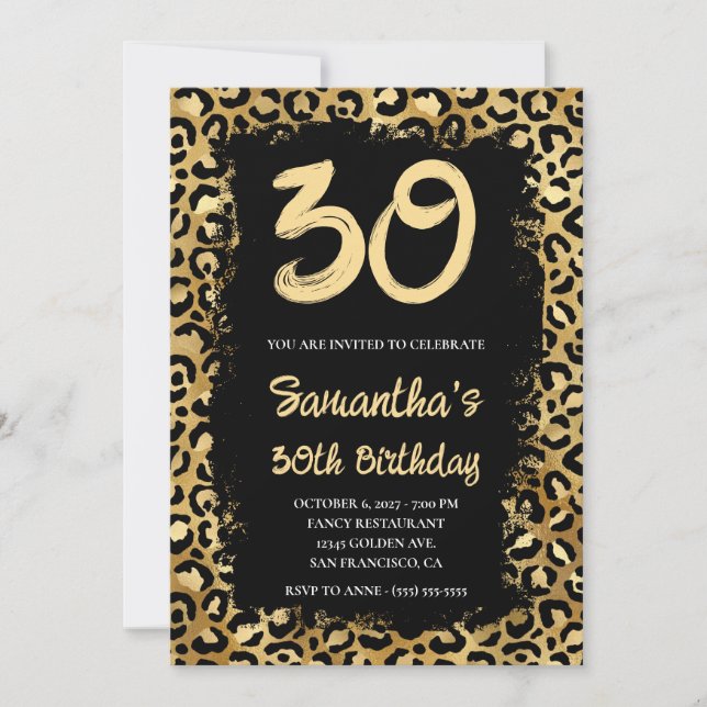 Invitación Leopardo de oro pintado negro 30 cumpleaños (Anverso)