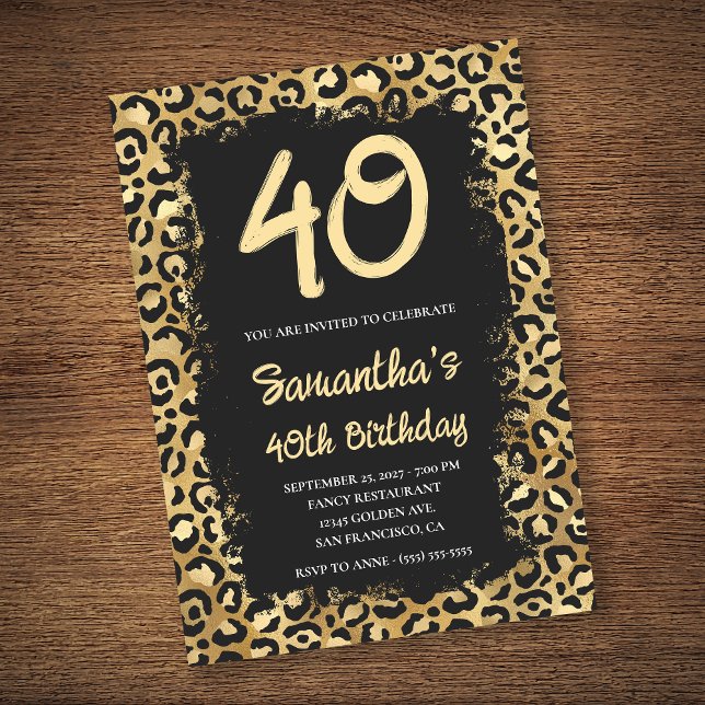 Invitación Leopardo de oro pintado negro 40 cumpleaños (Subido por el creador)