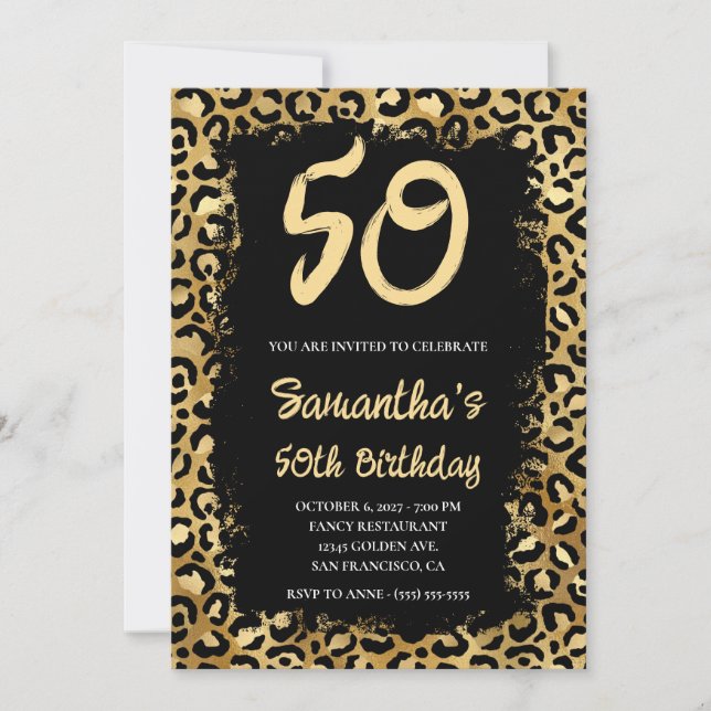 Invitación Leopardo de oro pintado negro 50 cumpleaños (Anverso)