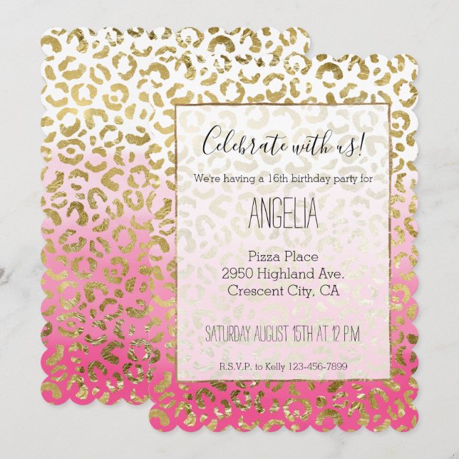 Invitación Leopardo de oro rosa blanco elegante (Anverso / Reverso)