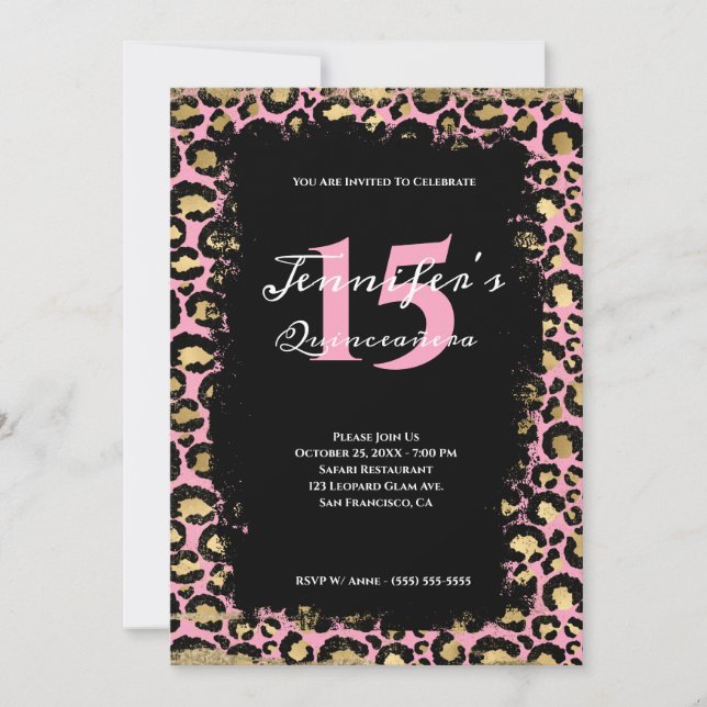 Invitación Leopardo de oro rosa Grunge Safari Naranja Quincea (Anverso)