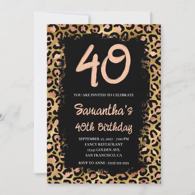 Invitación Leopardo de oro Rosa pintado negro 40 cumpleaños (Anverso)