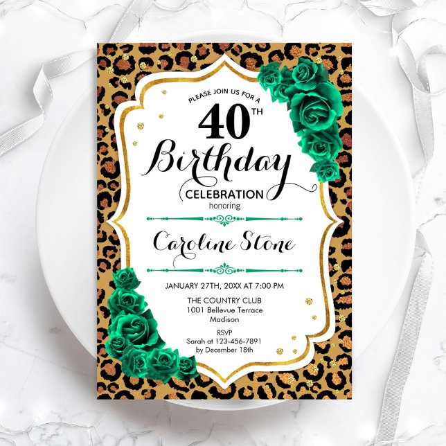 Invitación Leopardo de oro verde Imprimir 40 cumpleaños (Subido por el creador)