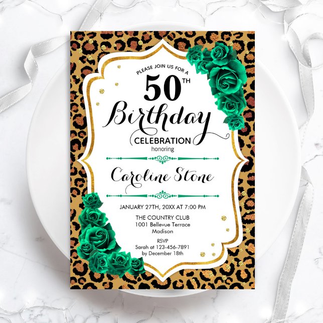 Invitación Leopardo de oro verde Imprimir 50 cumpleaños (Subido por el creador)