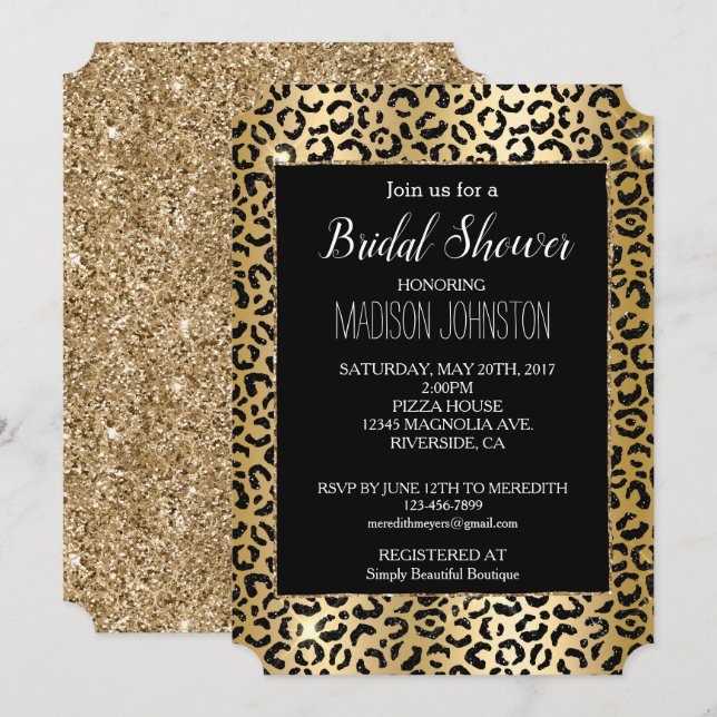 Invitación Leopardo de Purpurina negro dorado amarillo glam (Anverso / Reverso)
