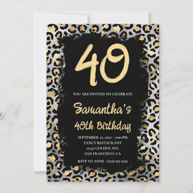 Invitación Leopardo dorado pintado negro 40 cumpleaños (Anverso)