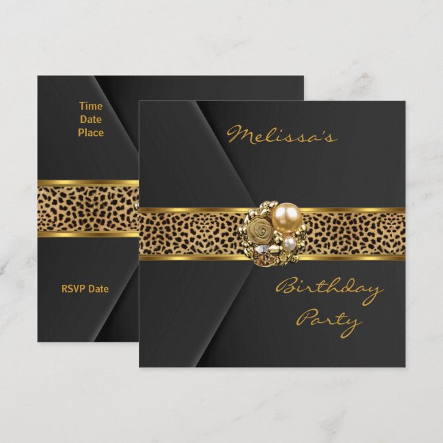Invitación Leopardo Elegante terciopelo negro joya (Anverso / Reverso)