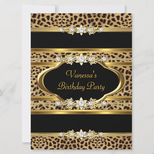 Invitación Leopardo Gold Black del partido de los cumpleaños (Anverso)