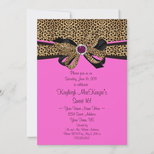 Invitación Leopardo Impresión Joyas Rosa Diamantes Dulce 16 (Anverso)