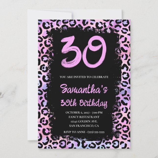 Invitación Leopardo irlandés rosa y negro 30 cumpleaños (Anverso)