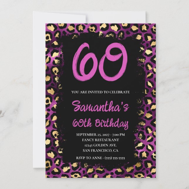 Invitación Leopardo morado dorado pintado negro 60 cumpleaños (Anverso)