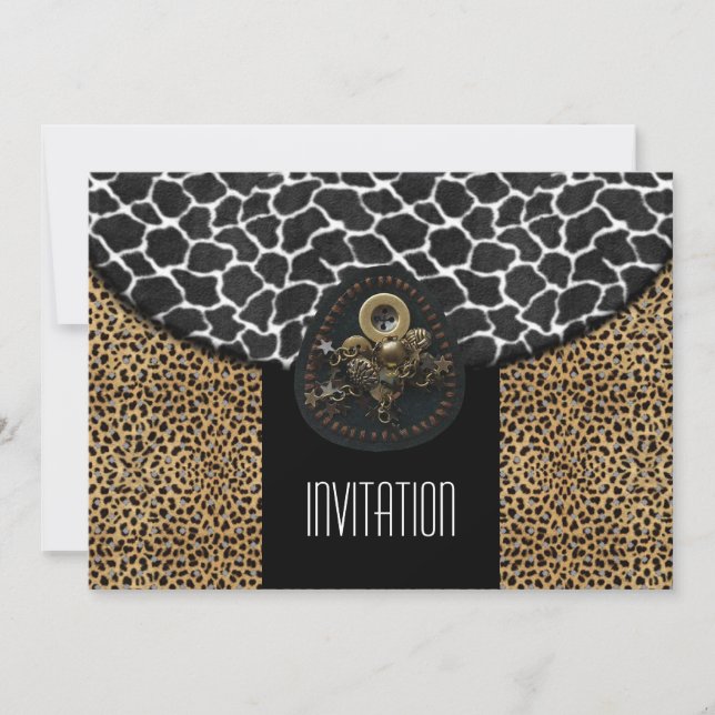 Invitación Leopardo Negro Blanco Estampado de Vaca (Anverso)