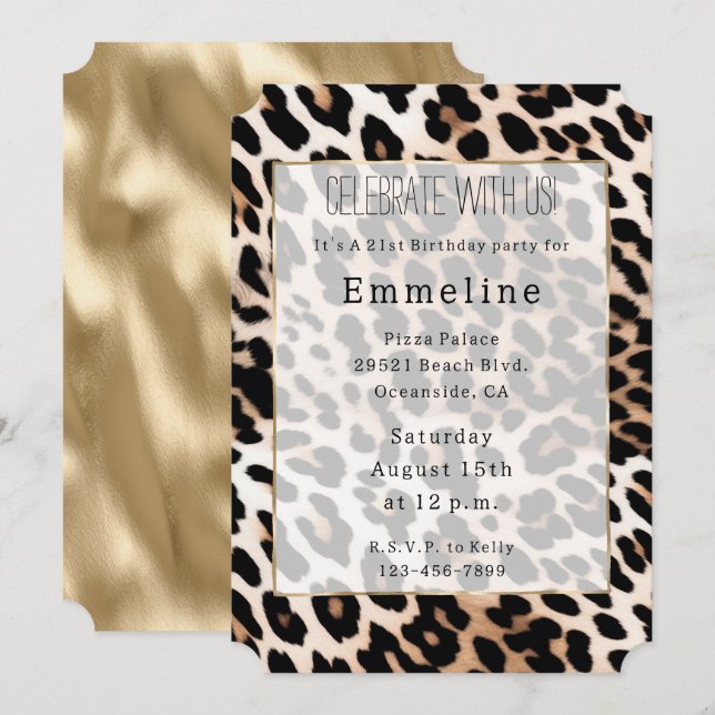 Invitación Leopardo negro crema y oro (Anverso / Reverso)