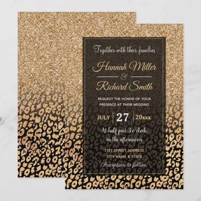 Invitación Leopardo Ombre, Purpurina de oro negro de moda (Anverso / Reverso)
