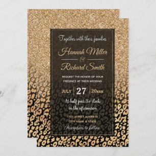 Invitación Leopardo Ombre, Purpurina de oro negro de moda