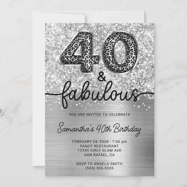 Invitación Leopardo plateado Purpurinoso 40 y fabuloso (Anverso)
