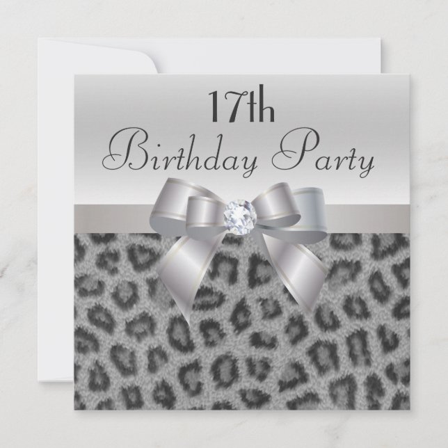Invitación Leopardo Print, Bow y Diamante 17 cumpleaños (Anverso)