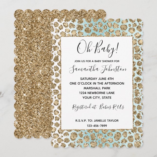 Invitación Leopardo Purpurina Aqua Mint White Gold Glam (Anverso / Reverso)