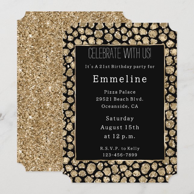 Invitación Leopardo Purpurina de Black Gold Glam (Anverso / Reverso)