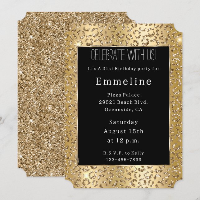 Invitación Leopardo Purpurina de oro amarillo glam (Anverso / Reverso)