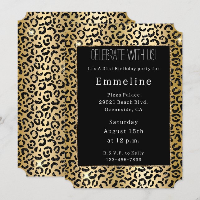 Invitación Leopardo Purpurina de oro amarillo negro (Anverso / Reverso)